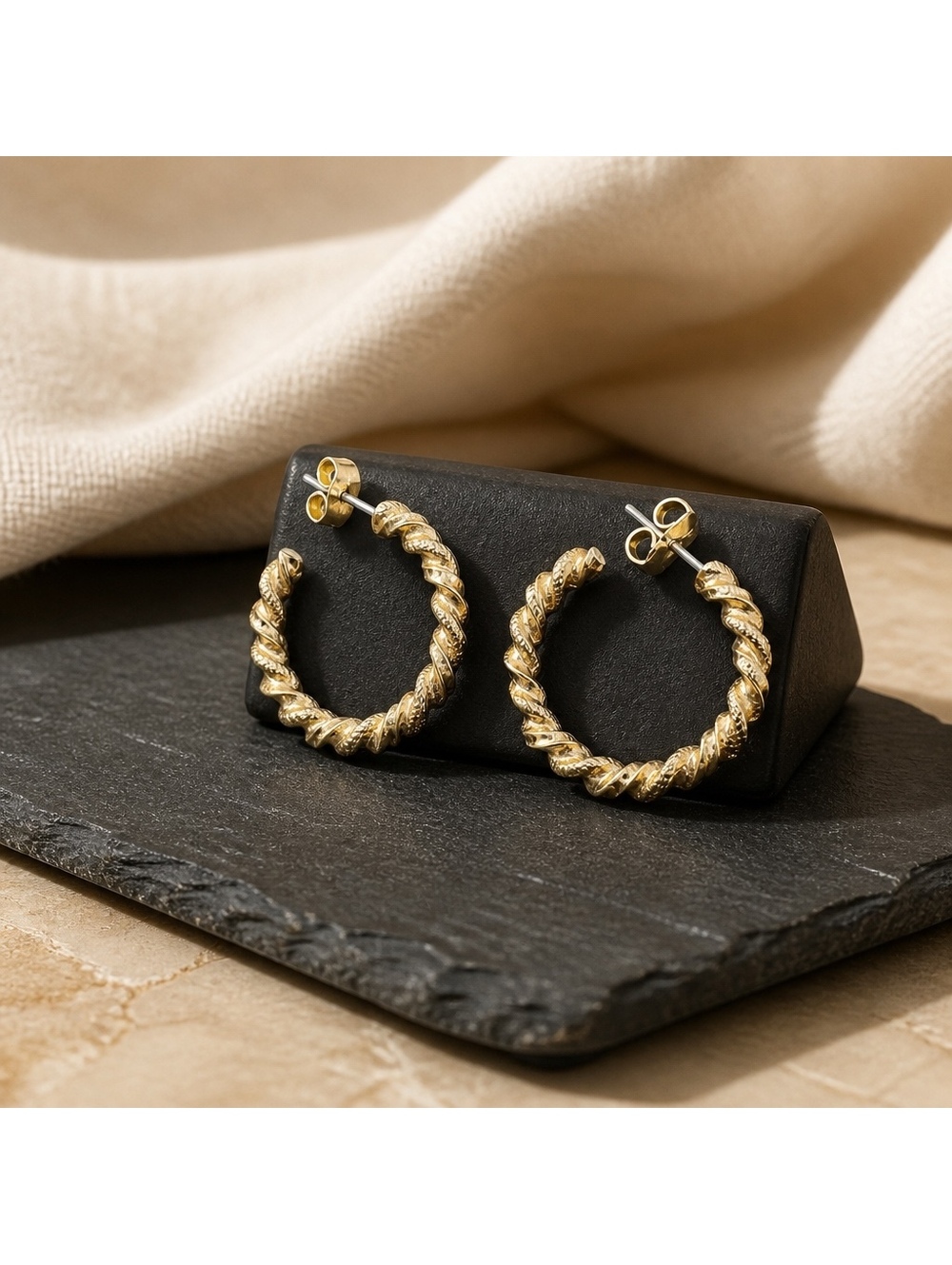 Hoop Earrings Gold Tone Twisted Rope Textured Pierced Post 1” Round Classic